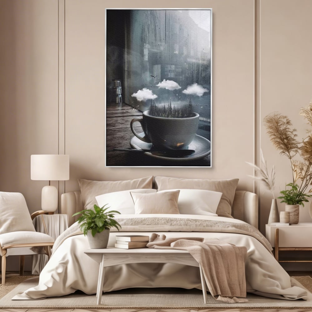 Tablou canvas cu ceasca de cafea cu padure si nori, in rama de aluminiu argintiu, pe perete intr-un dormitor
